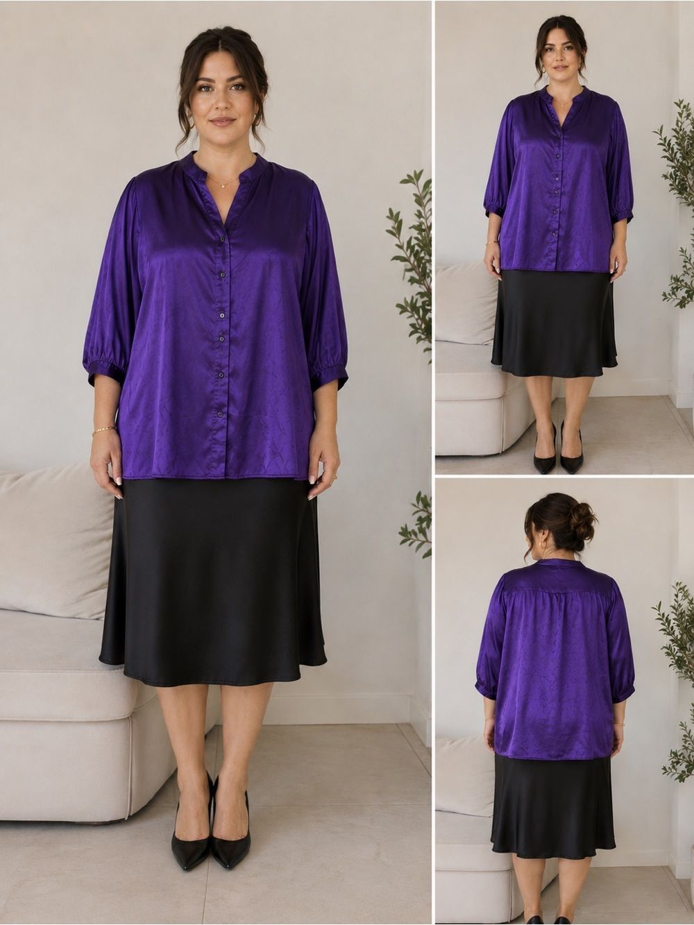 LANE BRYANT Eggplant Purple Satin Button Up Shirt 3/4 Sleeve Shirt Sz 22-24